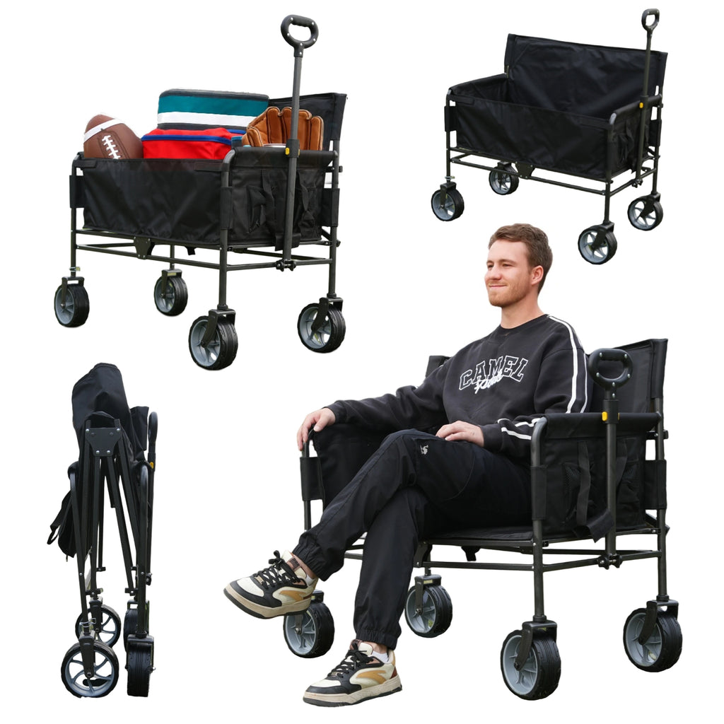 CRESTWALKER Foldable Wagon That Converts into a 2-Person Chair for Adults (Black, Elevated Seat Height)