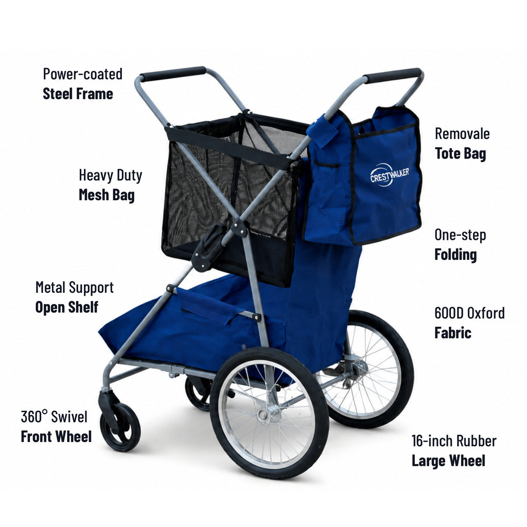 CRESTWALKER Foldable Cart with 16'' Rubber Wheels for Stairs, Upgraded Metal Base & 2-Zone Storage