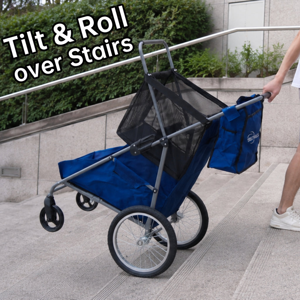 CRESTWALKER Foldable Cart with 16'' Rubber Wheels for Stairs, Upgraded Metal Base & 2-Zone Storage