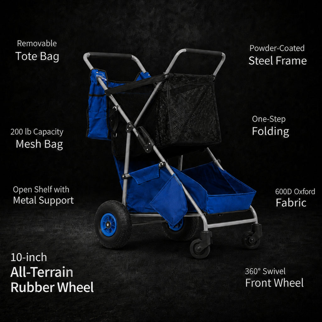 CRESTWALKER Beach Cart with 10‘’ Inflatable Rubber Wheels, Upgraded Metal Base & 2-Zone Storage