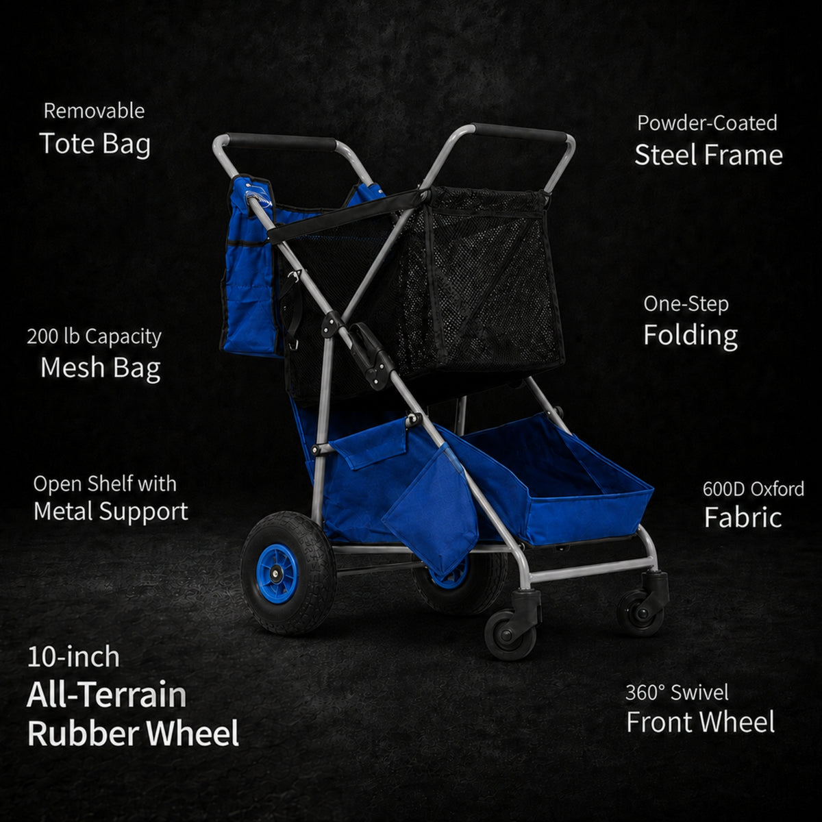 CRESTWALKER Beach Cart with 10‘’ Inflatable Rubber Wheels, Upgraded Metal Base & 2-Zone Storage