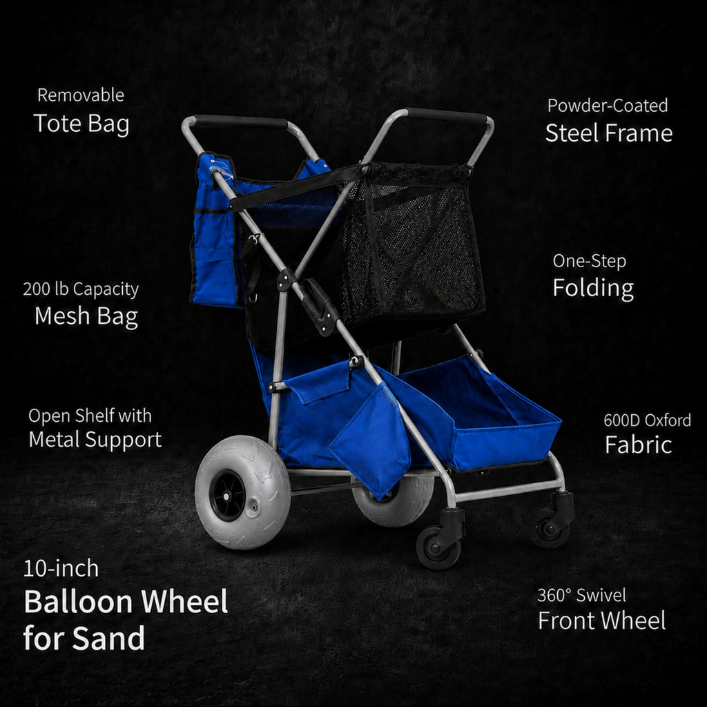 CRESTWALKER Beach Cart with 10‘’ Balloon Wheels, Upgraded Metal Base & 2-Zone Storage