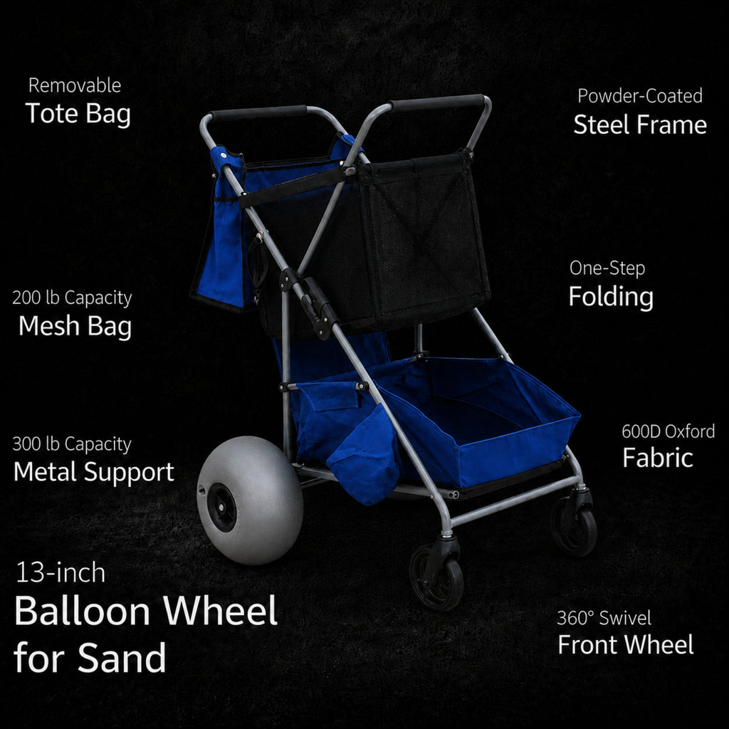 CRESTWALKER Beach Cart with 13‘’ Balloon Wheels, Upgraded Metal Base & 2-Zone Storage