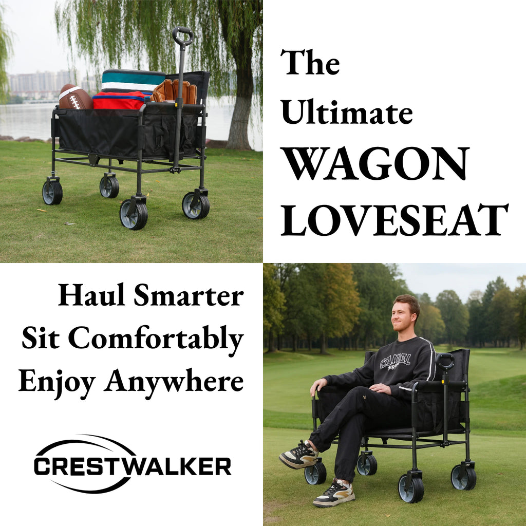 CRESTWALKER Foldable Wagon That Converts into a 2-Person Chair for Adults (Black, Elevated Seat Height)