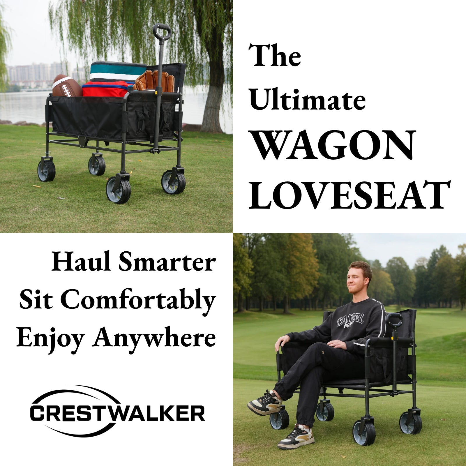 CRESTWALKER Foldable Wagon That Converts into a 2-Person Chair for Adults (Black, Elevated Seat Height)